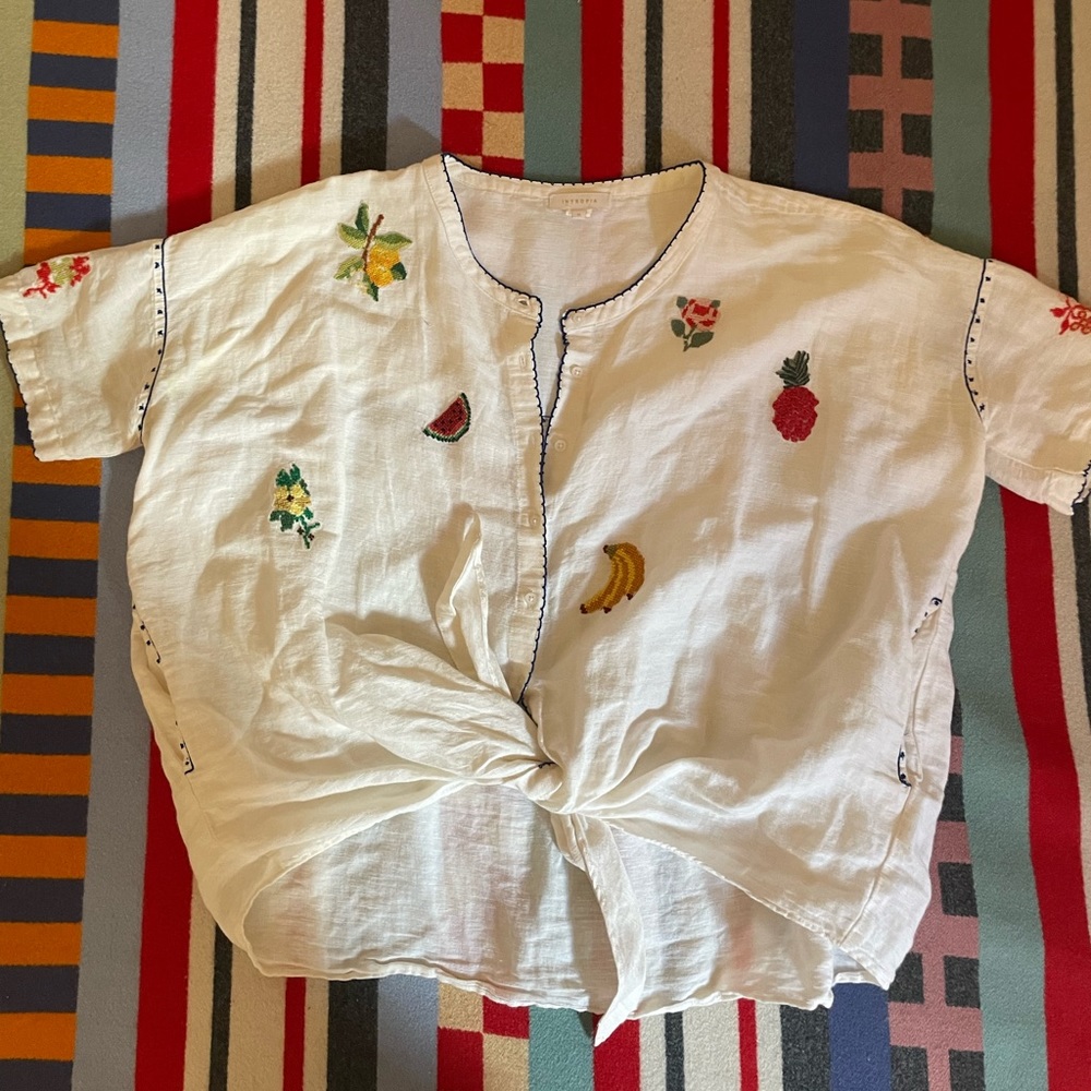 Anthropologie Linen Shirt with Fruit Rmbroidery